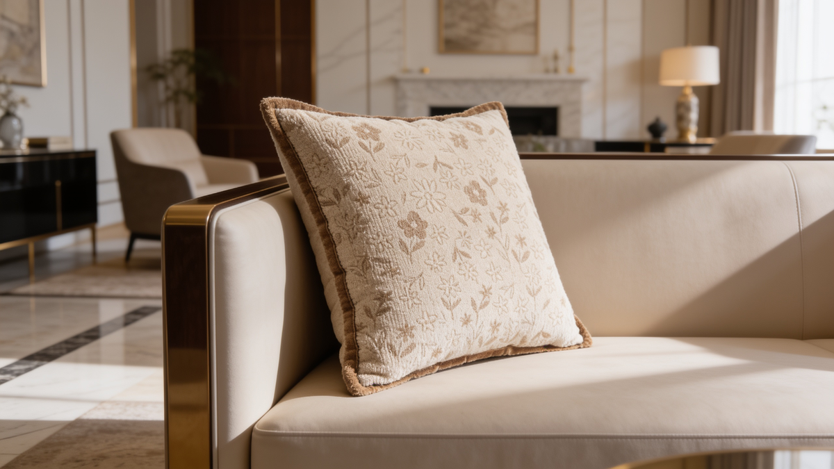 Beige chenille throw pillow cover styled against tan leather and walnut wood