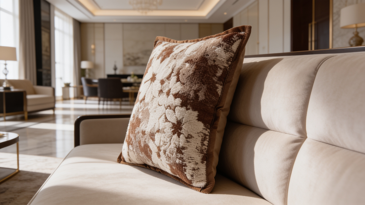 Three beige chenille cushion cover designs shown together, one plain texture and two florals