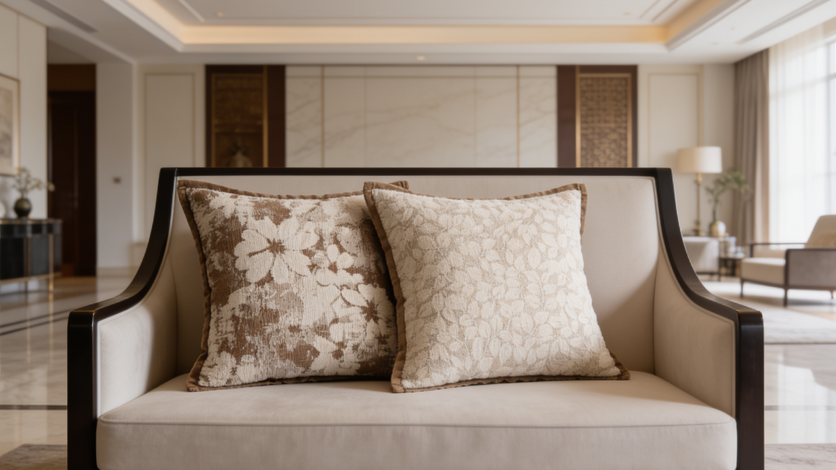 Beige chenille pillow covers layered in three sizes on a couch