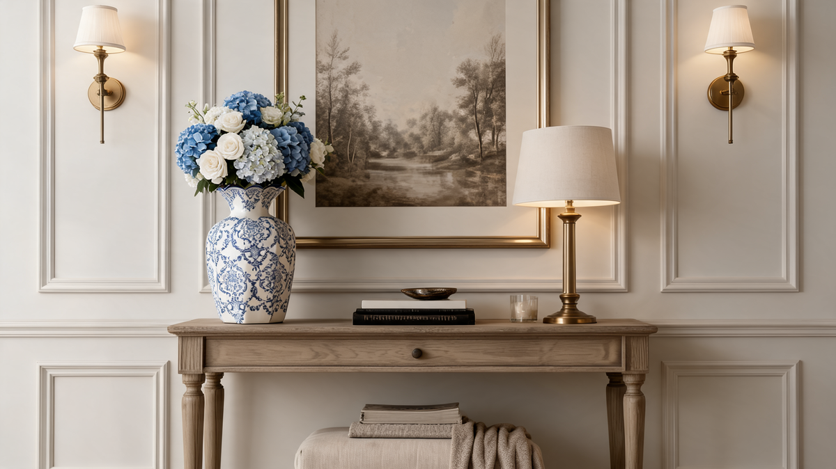 Blue and white porcelain vase with a scalloped flared rim on a limewashed hallway console, holding blue hydrangea and white roses between brass sconces