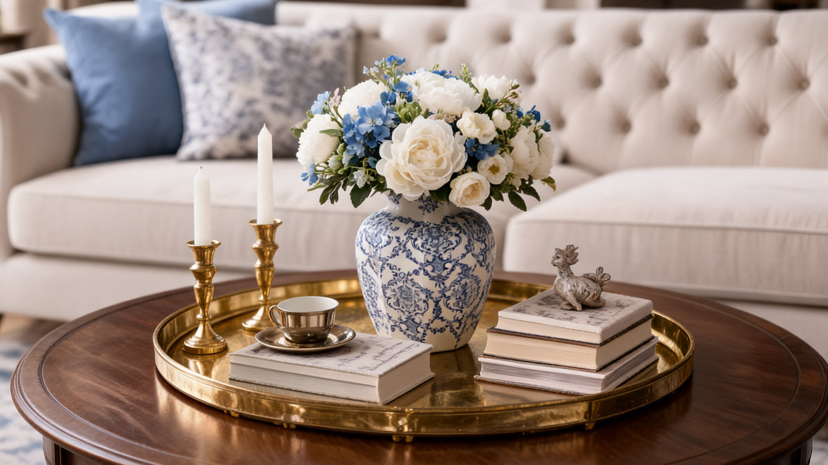Blue and white porcelain vase on a round brass tray on a living room coffee table with white roses, blue hydrangea, brass candlesticks and stacked books