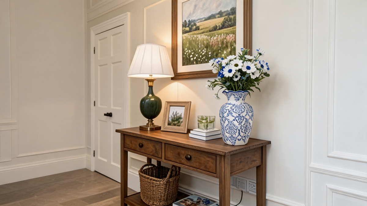 Blue and white porcelain vase centered on a wooden entryway console filled with white and blue daisies beside a green glass tumbler and books