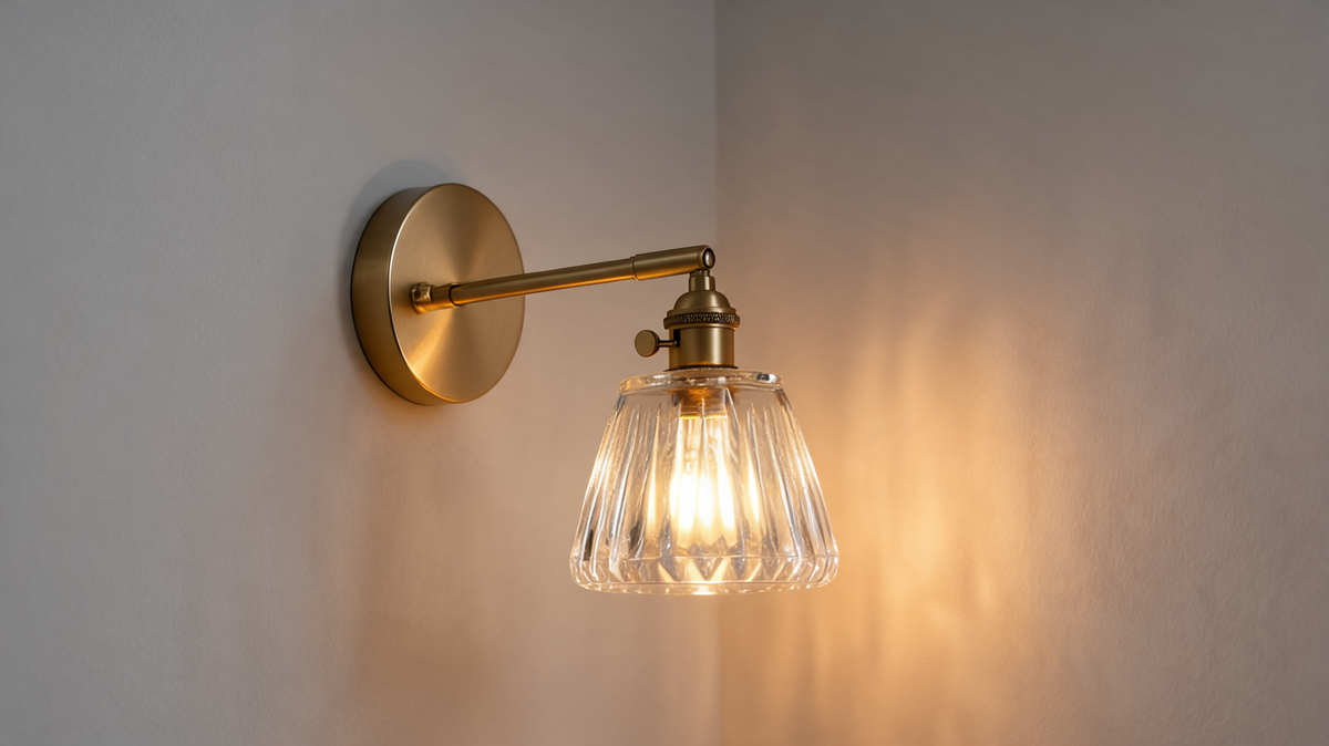 Lit brass wall sconce with a clear ribbed glass bell shade on a plain wall, arm and knob switch visible