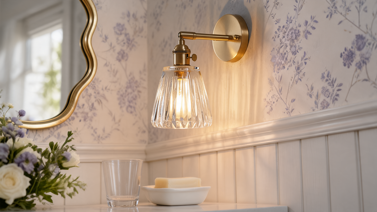 Brass wall sconce lit beside a wavy brass mirror above a washbasin with floral wallpaper and white paneling