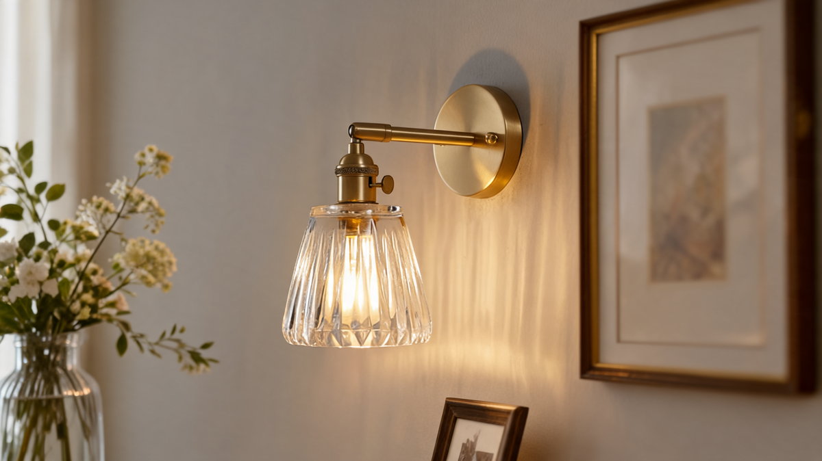 Brass wall sconce glowing on a warm plain wall next to a framed picture and a jug of white flowers