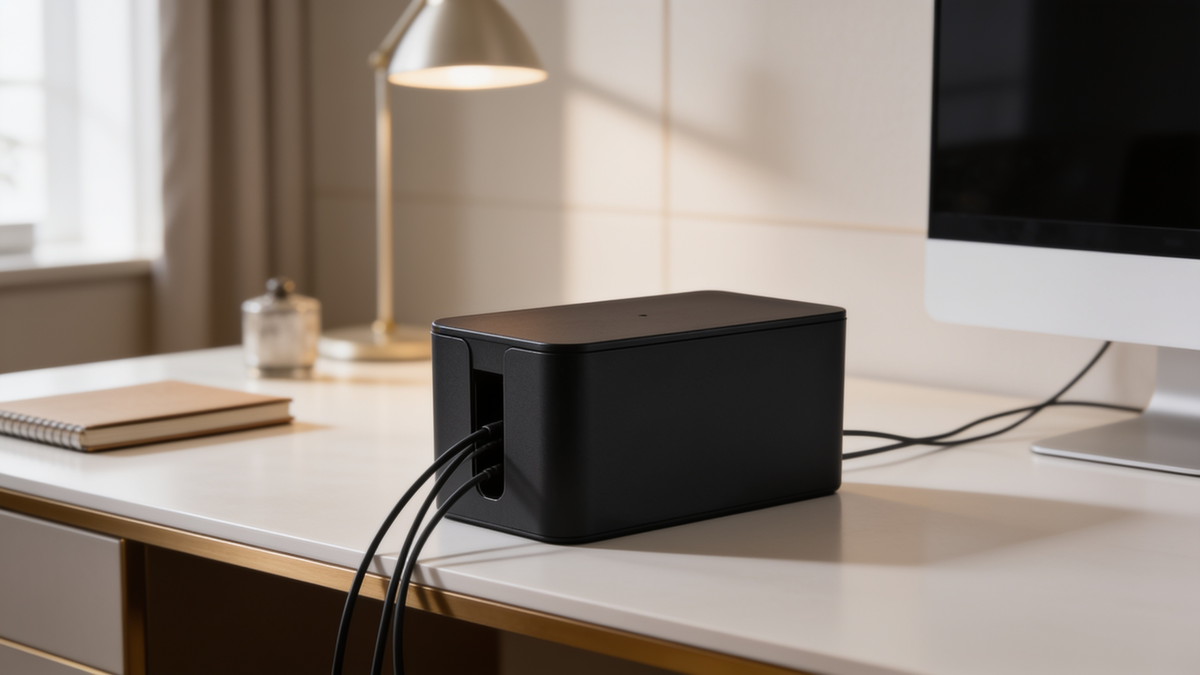 Black cable storage box on a desk with cables running in