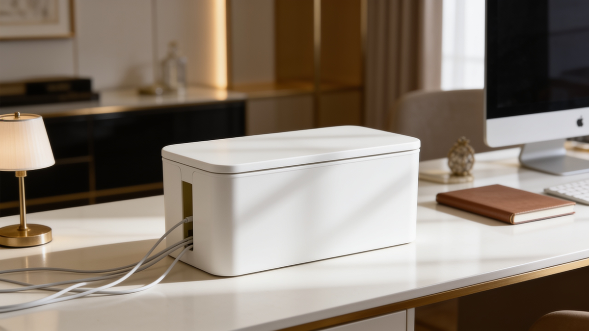 White cable storage box on a bright desk