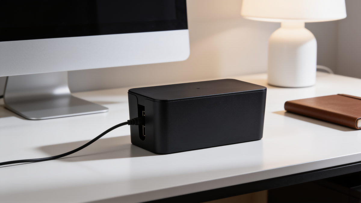 Black cable storage box beside a monitor