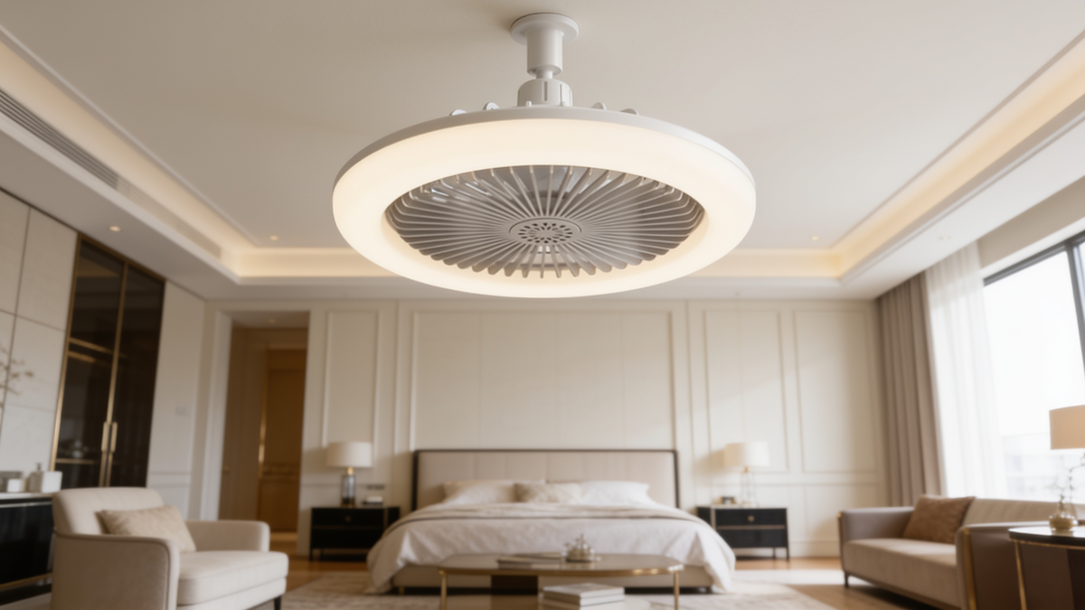Screw in ceiling fan light lit above a bedroom
