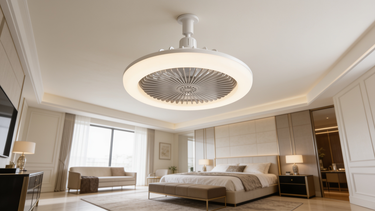 Warm LED ring and fan guard on a flush ceiling fixture