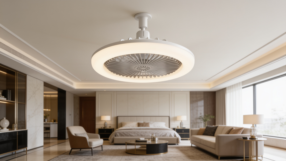 Compact ceiling fan light in an open bedroom and sitting area