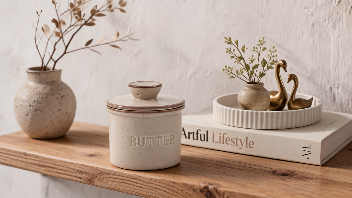 Ceramic butter dish with lid on counter