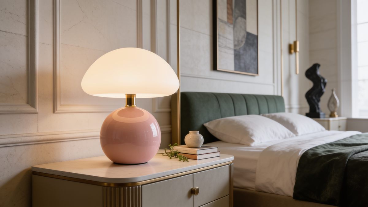 Ceramic mushroom table lamp with glass dome shade on a bedside table