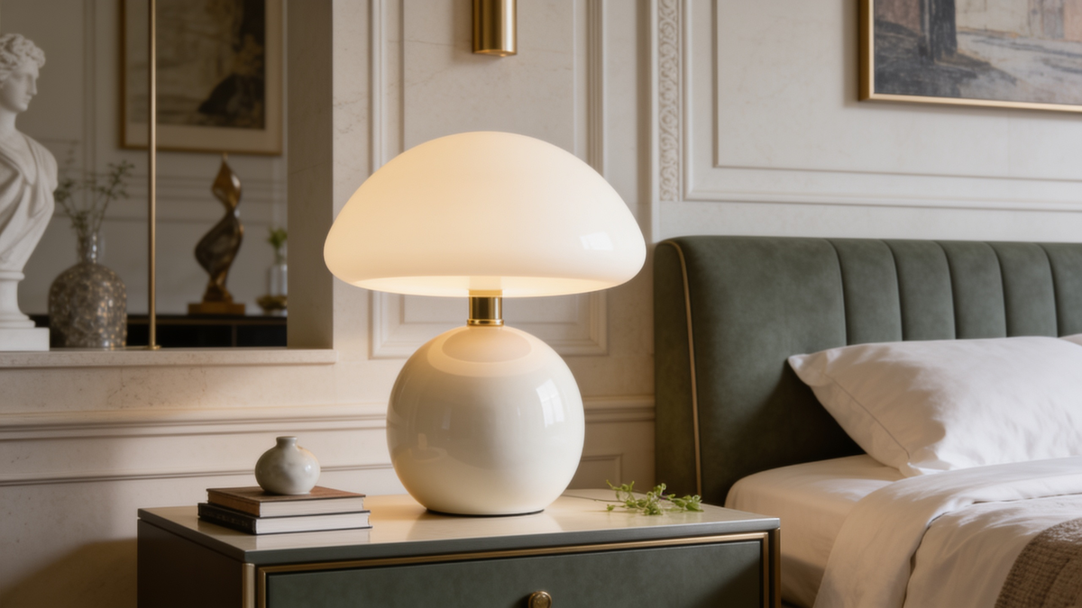 Ceramic mushroom table lamp lit softly in a bedroom setting