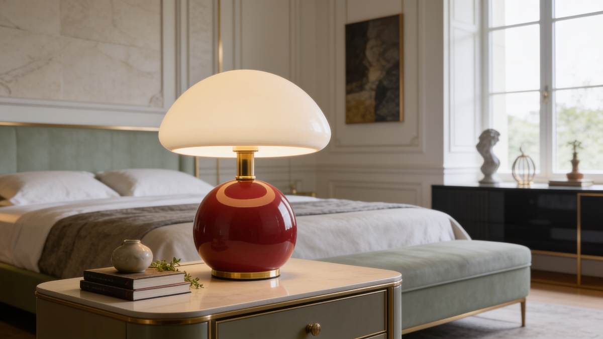 Ceramic mushroom table lamp with wine red base and glass dome shade