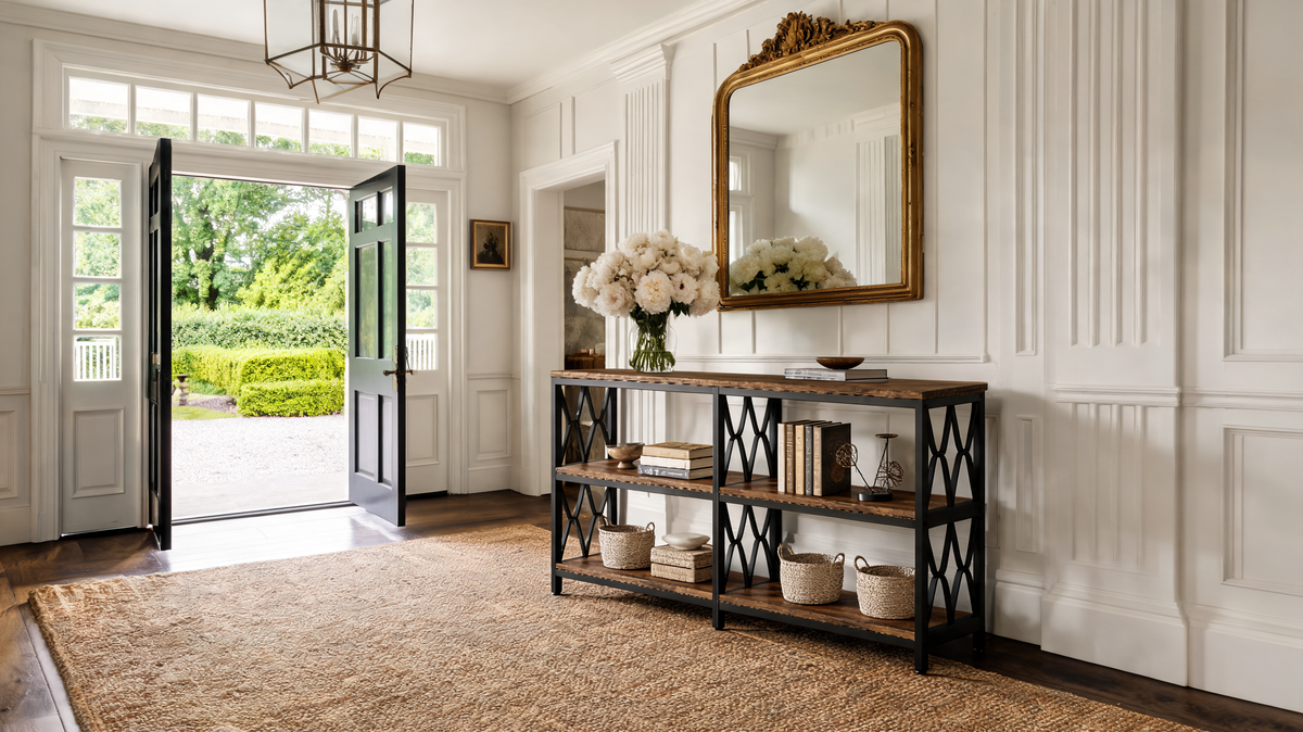 Console table with three shelves in an entryway