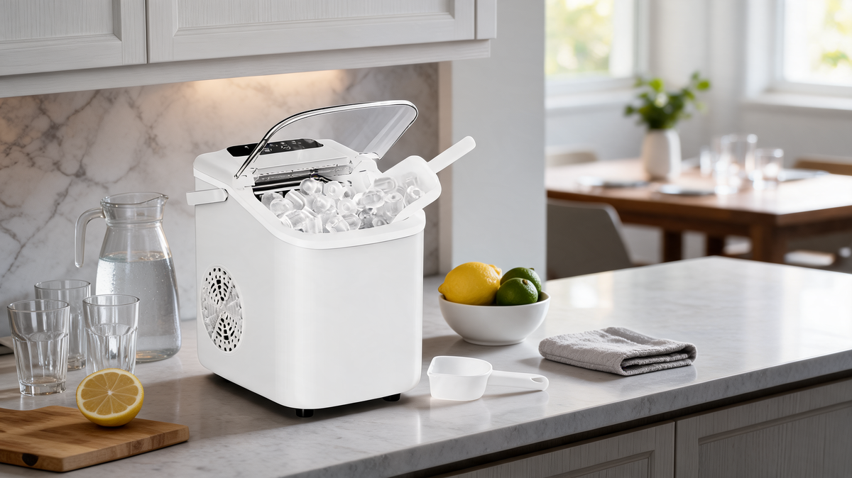 Ivory countertop ice maker on a marble island with a water pitcher and citrus bowl