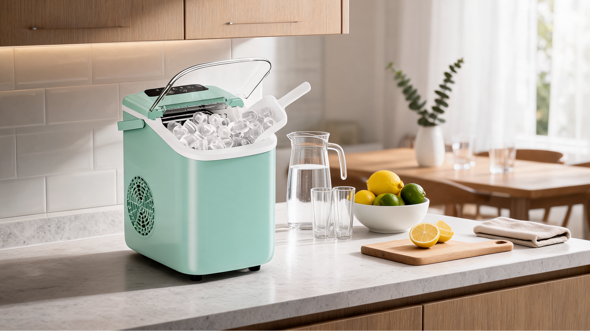 Green countertop ice maker on a kitchen counter beside a fruit bowl and cutting board