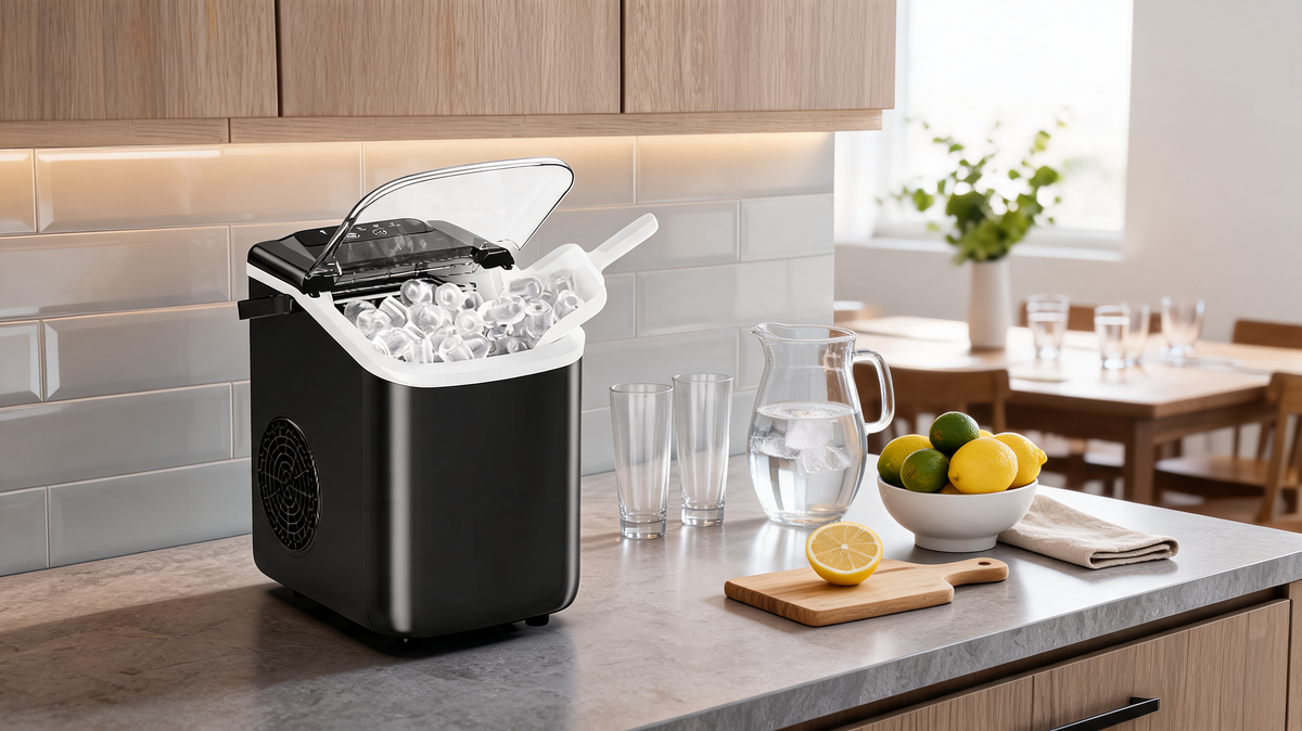 Black countertop ice maker on a wood counter with clear glasses and lemons