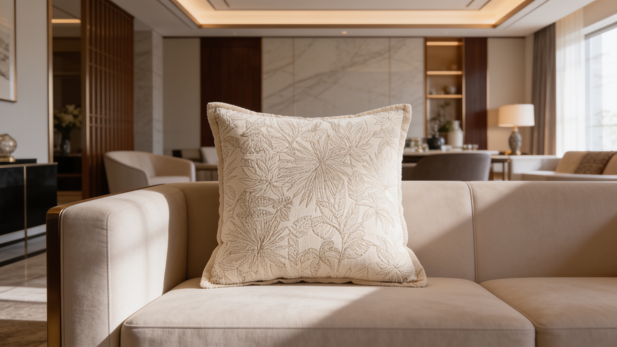 Ivory chenille pillow cover with tonal botanical relief