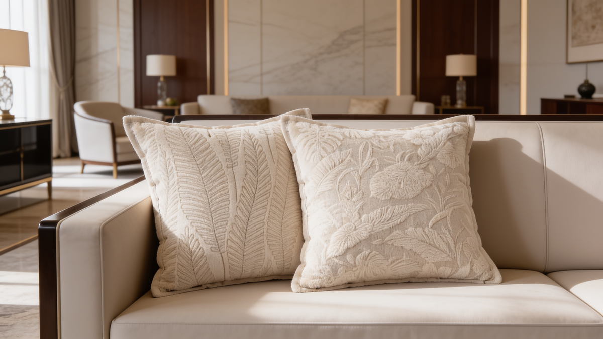 Fern and floral damask ivory chenille pillow covers side by side