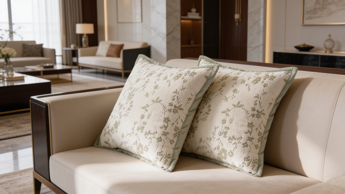 Ivory chenille pillow covers with sage green edging