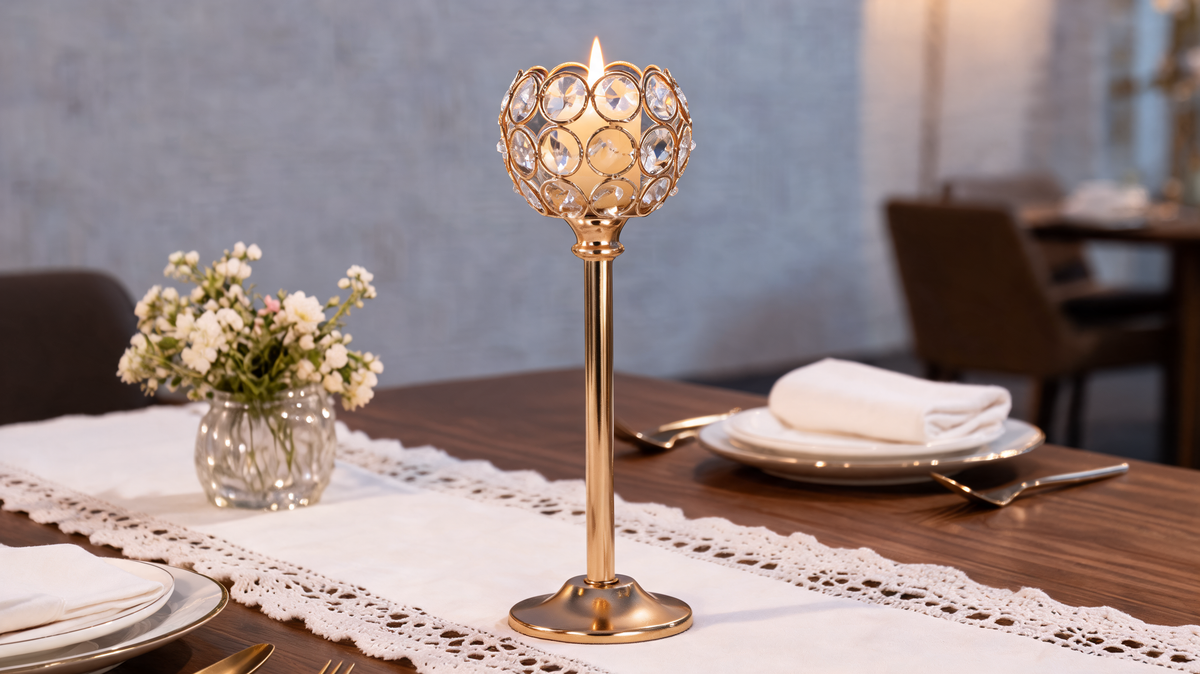 Tall gold crystal beaded candle holder lit on a white table runner beside a place setting