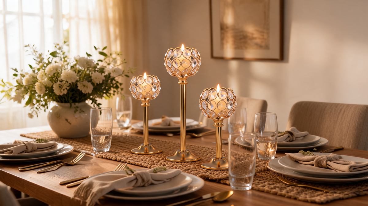 Three gold crystal beaded candle holders in three heights lit along a dining table