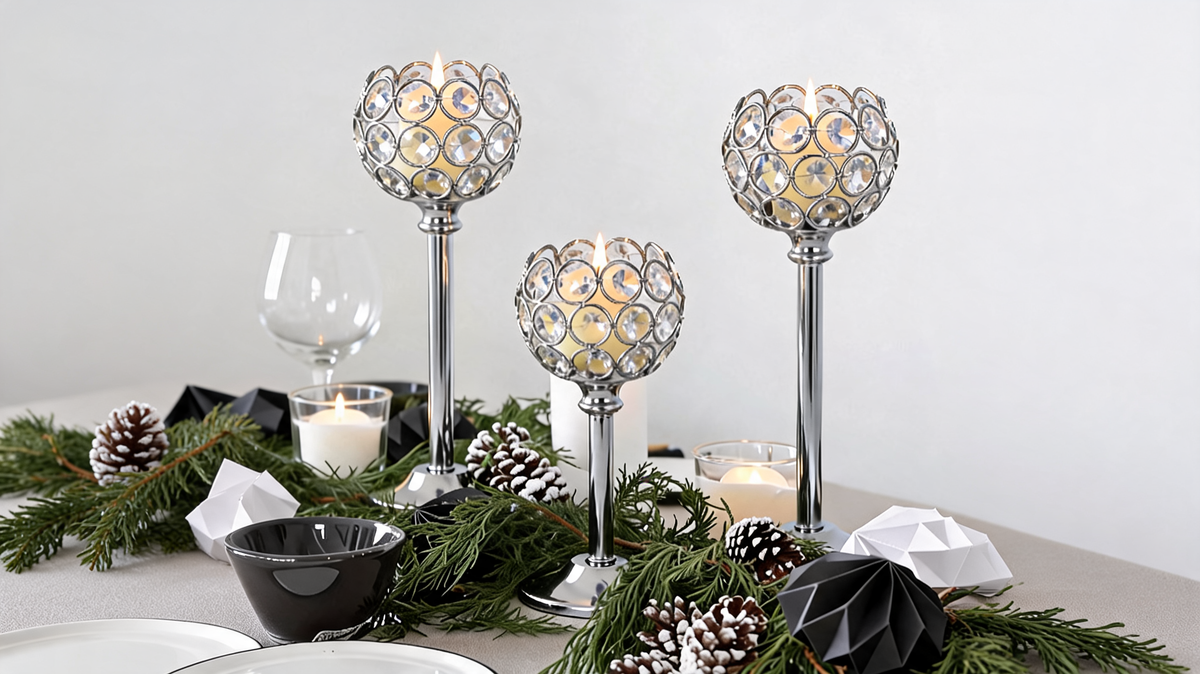 Silver crystal beaded candle holders lit on a winter table with pine cones and white candles