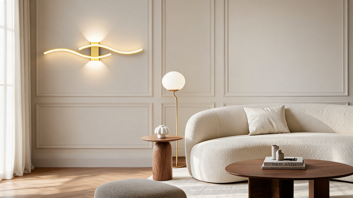 Curved LED wall sconce mounted horizontally on a pale paneled living room wall, glowing warm beside a boucle sofa and round wood coffee table