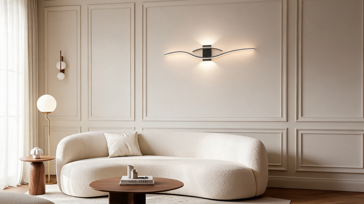 Curved LED wall sconce centered high above a cream curved sofa, casting a soft glow on the wall above and below the bar