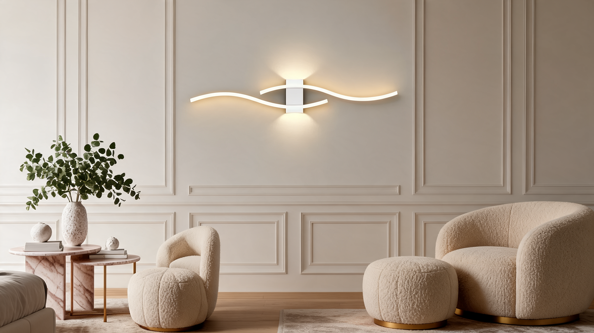 Curved LED wall sconce lit above two rounded boucle armchairs and an ottoman, warm light spilling across the molded wall