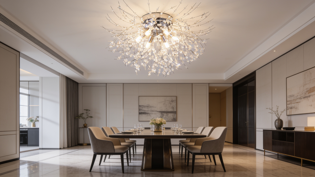 Dandelion crystal chandelier lit above a dining table