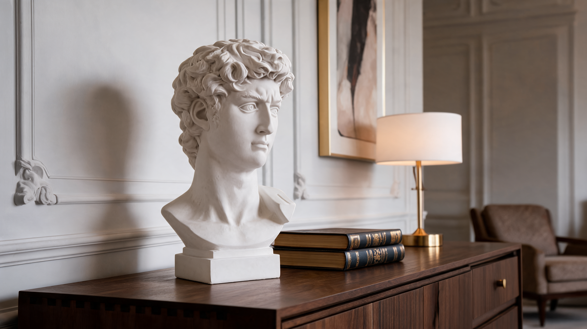 David bust statue displayed on a shelf