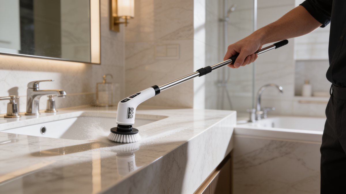 Cordless electric spin scrubber cleaning bathroom tile