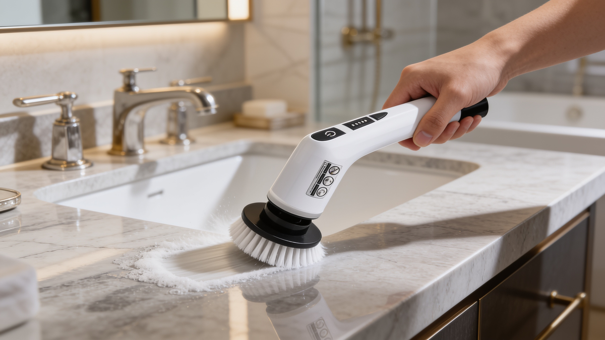Rotating cleaning brush with extension handle in a bathroom