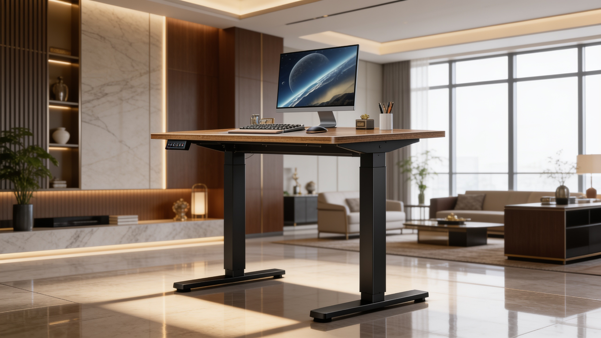 Wood top electric standing desk at sitting height in a bright open office