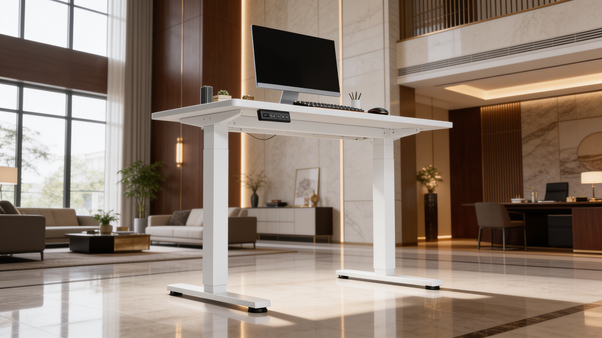 White electric standing desk raised to standing height with a single monitor