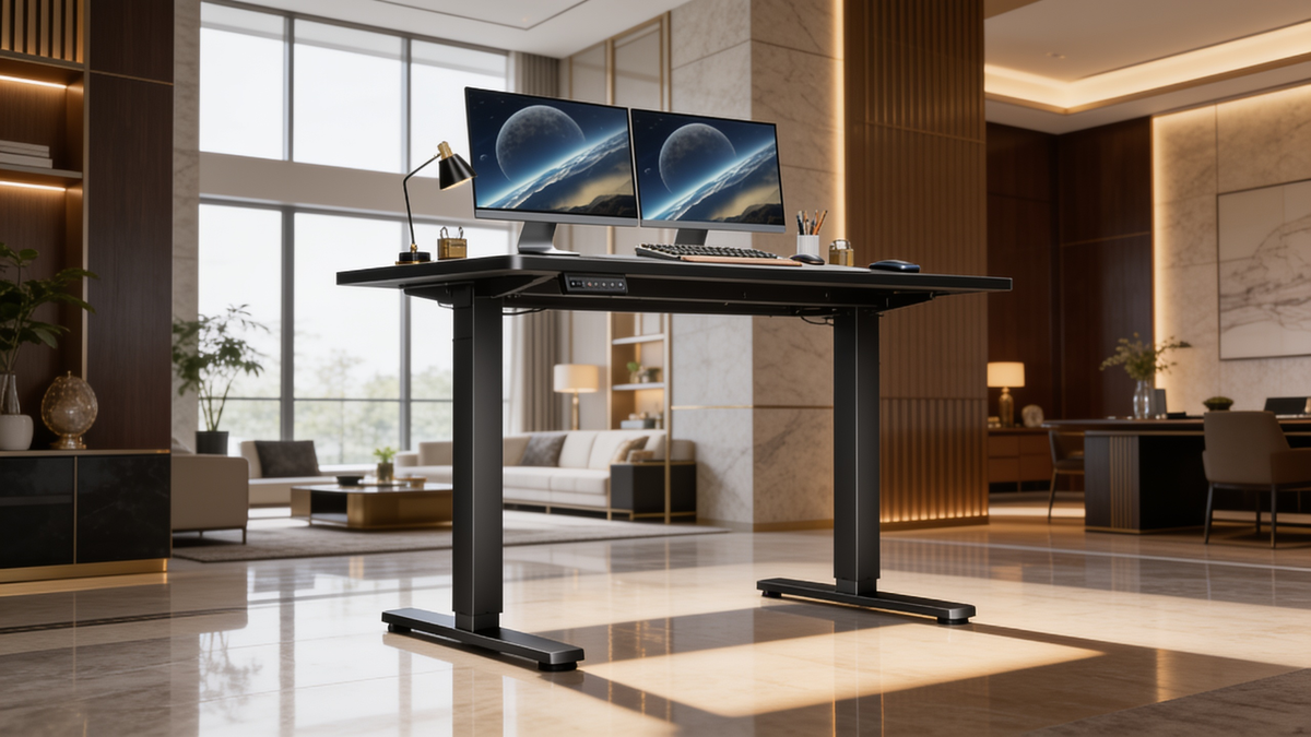 Black electric standing desk holding two monitors in a spacious office