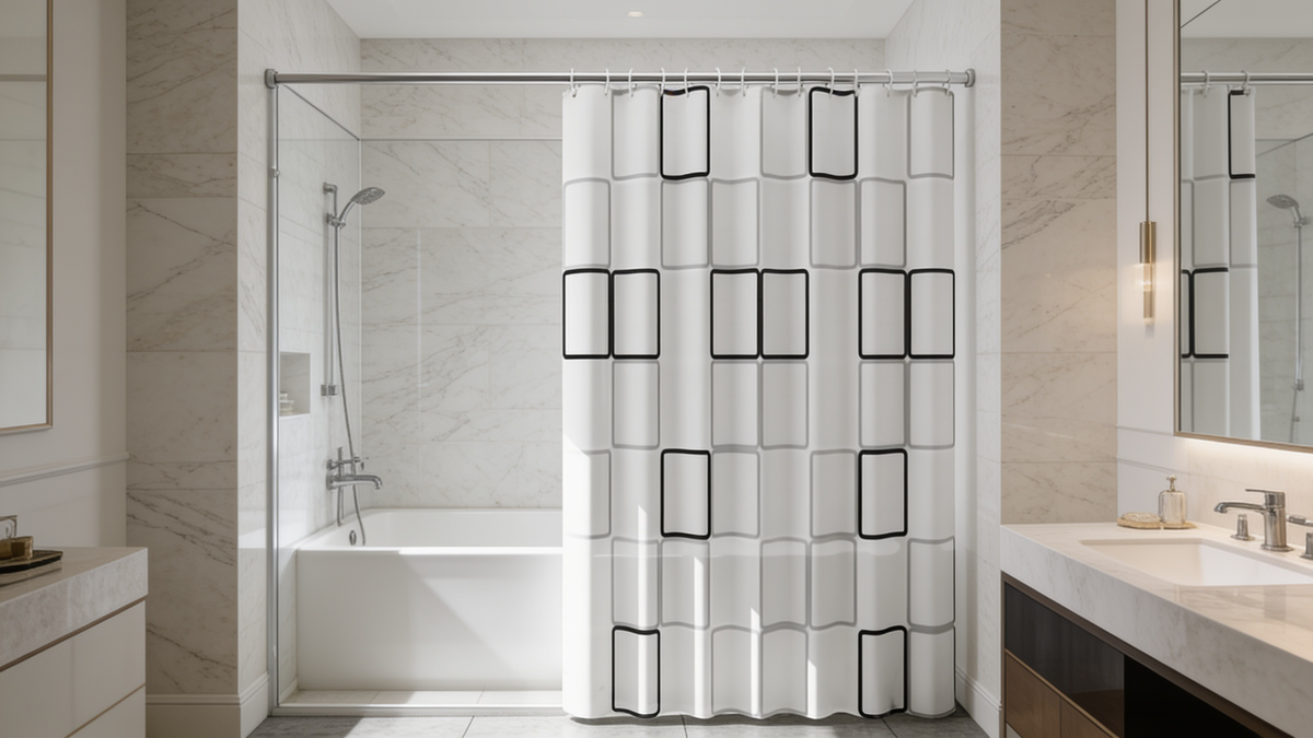Waterproof PE EVA shower curtain hanging in a bathroom