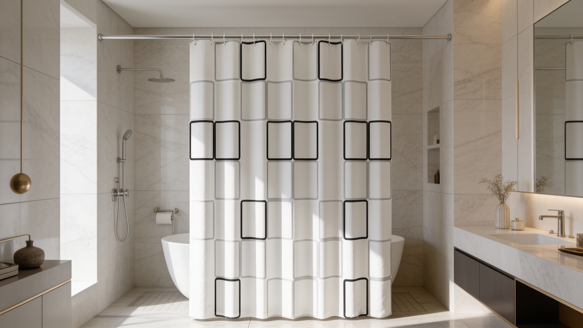 PE EVA bath curtain drawn across a shower enclosure