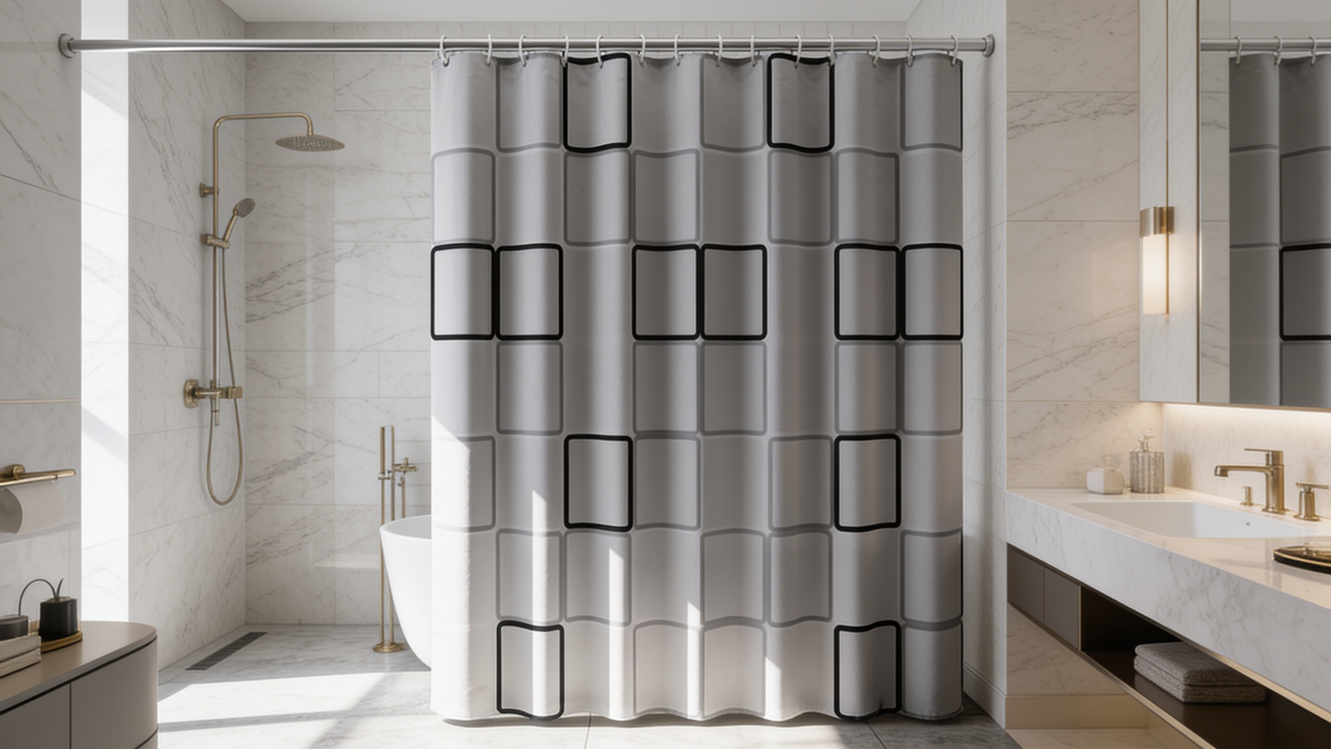 Close view of a reinforced steel hole on a shower curtain top edge