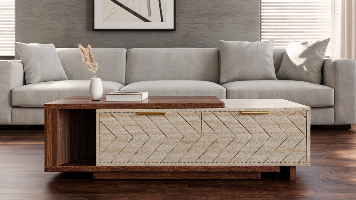 Extendable coffee table with the top slid apart revealing the open shelf below