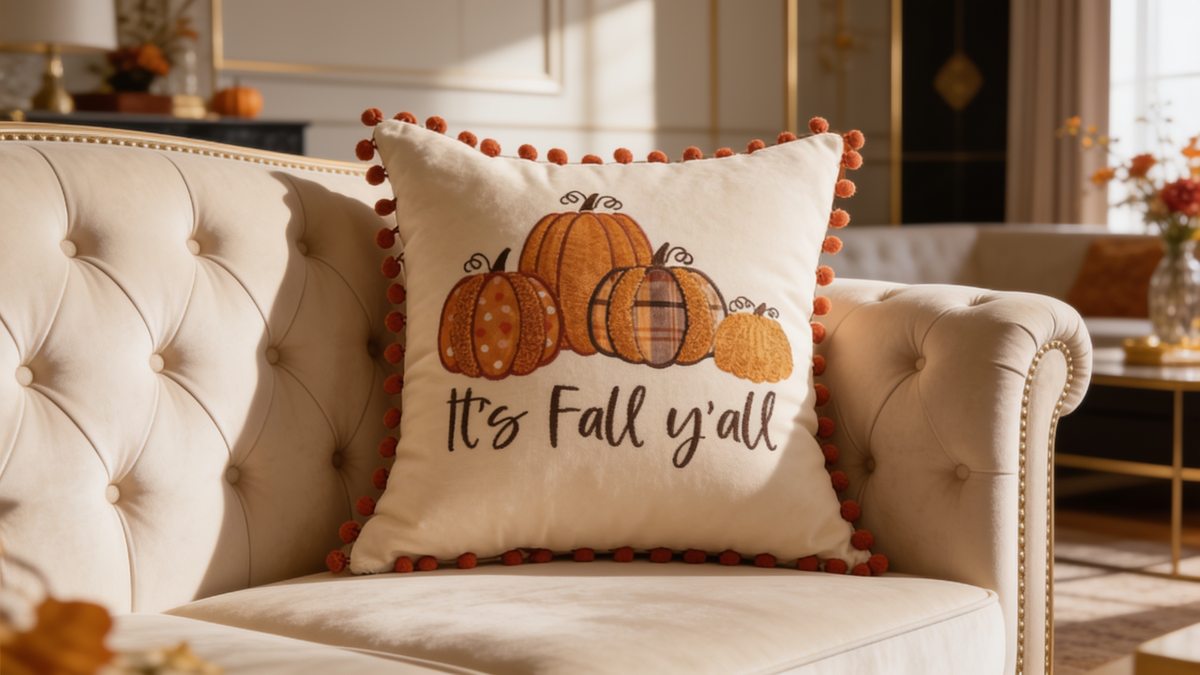 Fall lettering tufted velvet throw pillow cover styled on an entryway bench for autumn