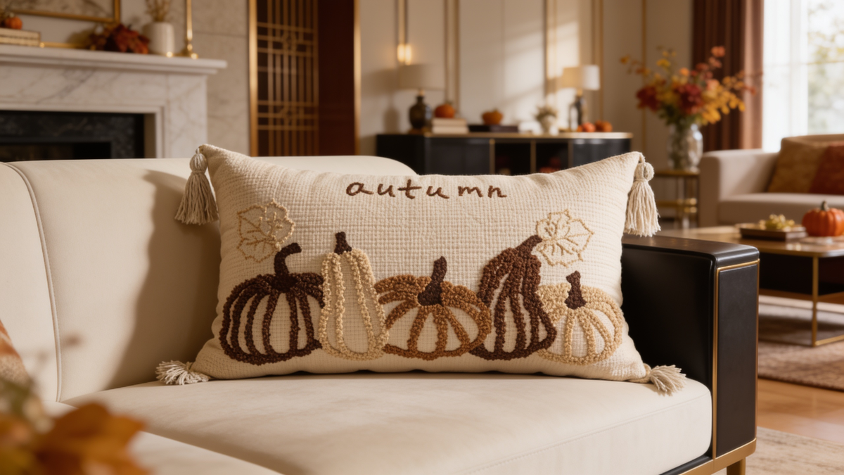 Close view of raised tufted lettering on the velvet face of the fall pillow cover