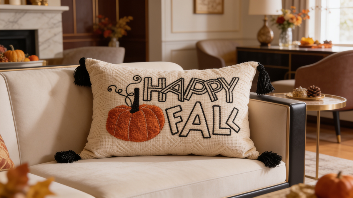 Fall lettering velvet pillow covers layered on a couch as seasonal decor