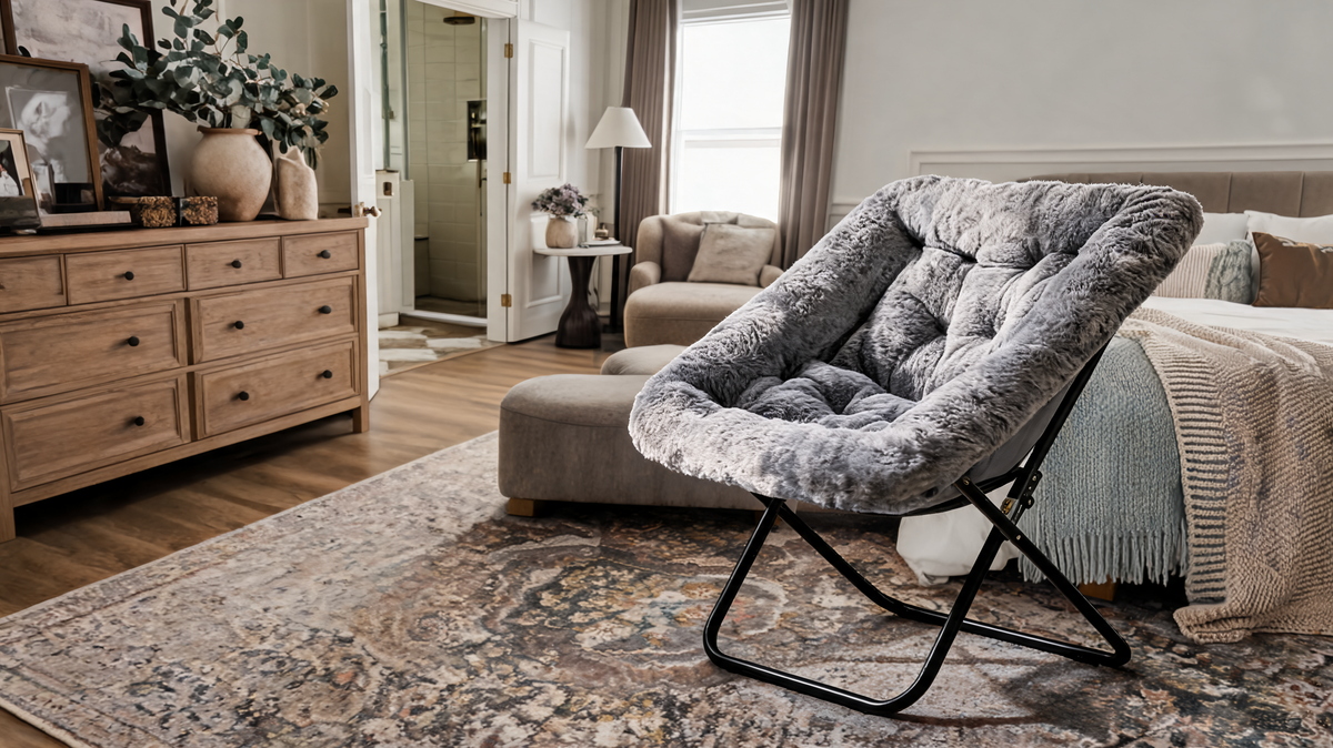 Faux fur saucer chair in a cozy corner
