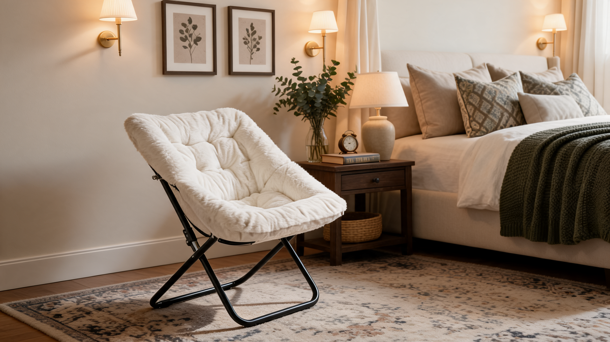 Faux fur saucer chair styled in a bedroom