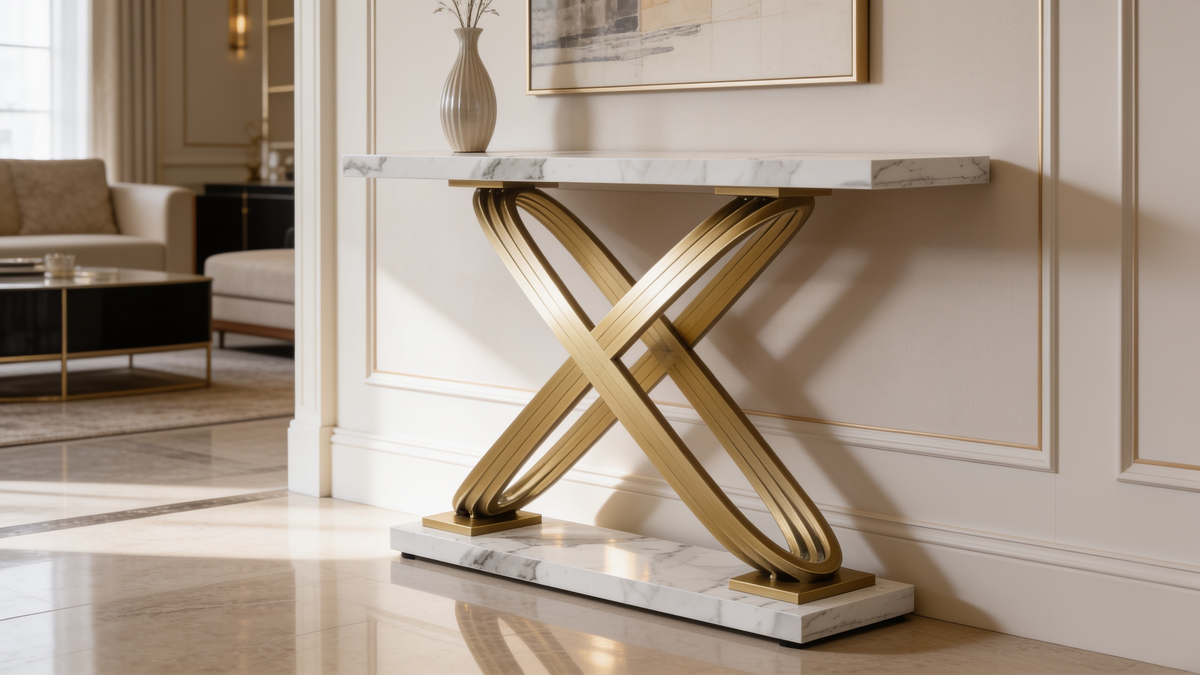 Narrow faux marble console table with gold X base against a hallway wall