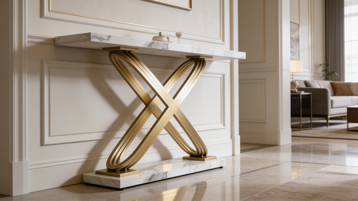 Faux marble console table with gold X base styled in a bright entryway